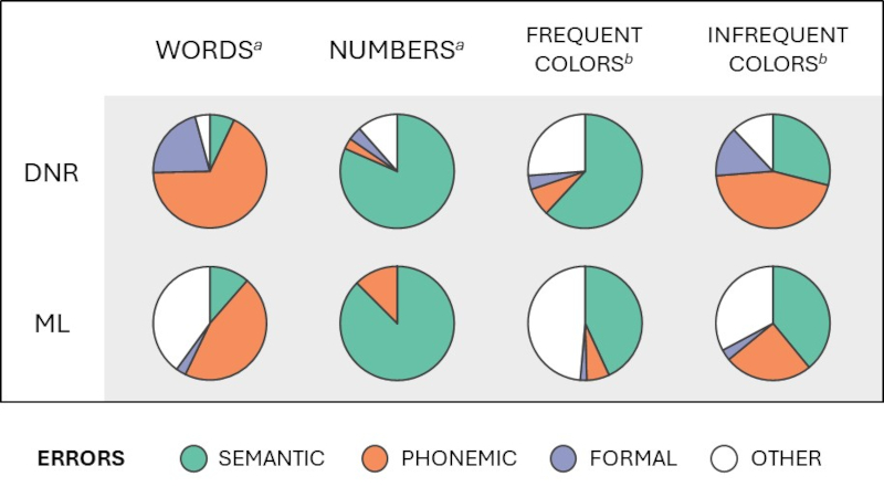 Figure 1. Proportion of error types according to stimulus type. A filled pie chart represents the total number of errors produced by two patients (DNR and ML) with different subtypes of conduction aphasia (characterized by phonological impairment). a) Data adapted from García-Orza et al. (2020). b) Data adapted from Gutiérrez-Cordero and García-Orza (2025).