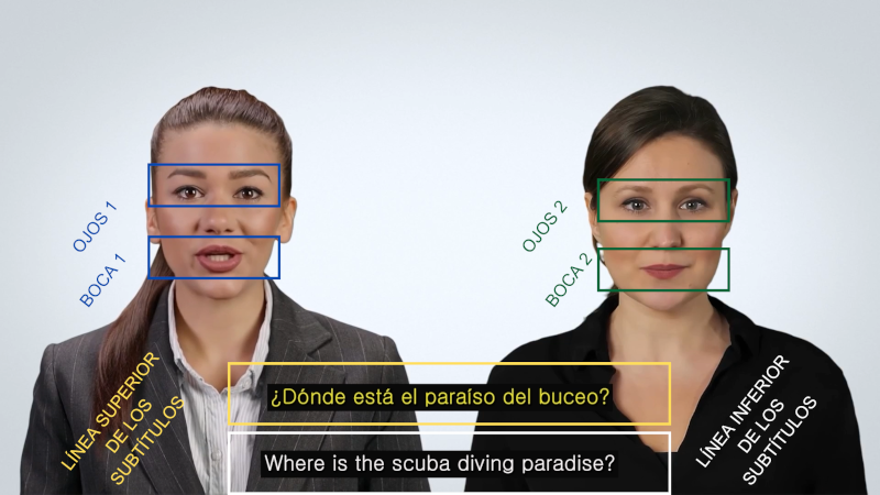 Figura 1. Ejemplo de un ensayo en el que se aprecian las áreas de interés para el seguimiento ocular: ojos, boca y las dos líneas de subtítulos.