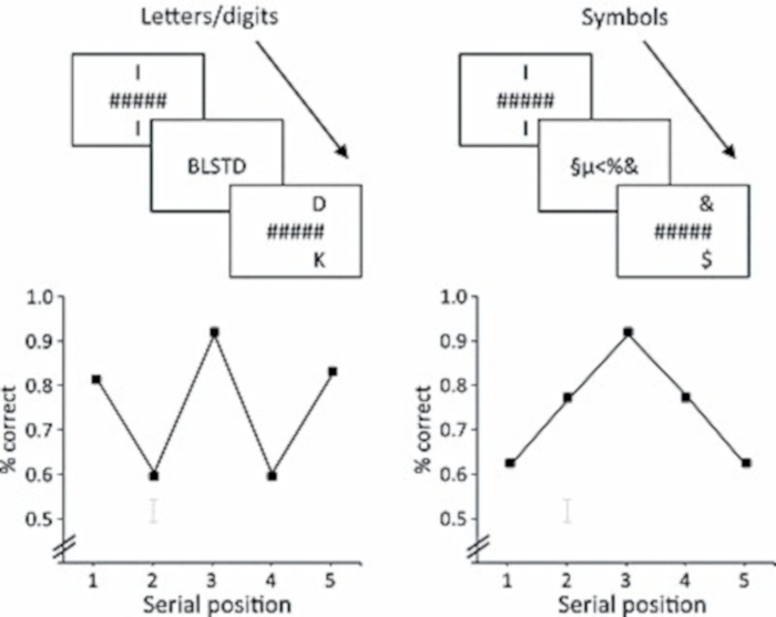 Figura 3. Paradigma de Reicher-Wheeler y sus resultados típicos para cadenas de letras/dígitos (izquierda) y de símbolos (derecha; Extraída de Ziegler et al., 2010, a partir de Tydgat y Grainger, 2009). En la tarea 2AFC (del inglés, 2-Alternative Forced Choice task) del paradigma Reicher-Wheeler, se presenta brevemente una cadena de cinco caracteres y, tras ella, el participante debe seleccionar entre dos alternativas de respuesta cuál de ellas estaba localizada en la posición señalada en la cadena previa. A partir de la respuesta se obtiene la función de la posición serial, donde se representa el nivel de precisión para cada posición.