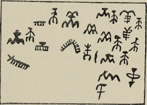 (dp) Imagen tomada de Anthropology and the Classics: Six Lecturas Delivered Before the University of Oxford (1908) mostrando dibujos en piedra considerados precursores de un sistema de escritura.